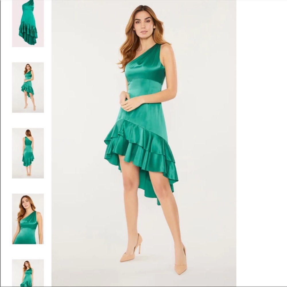 CINQ A SEPT 100% silk one shoulder dress in jade